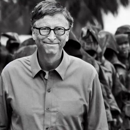 Image similar to bill gates as a north vietnamese war hero in a trench, violent, sharp focus, hyper realistic, sony 5 0 mm lens