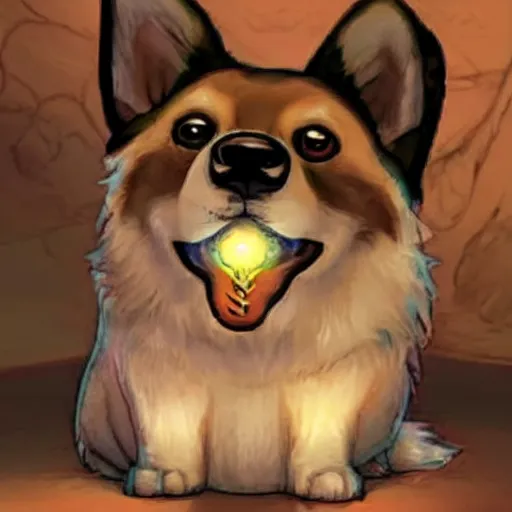 Prompt: a corgi as an eldritch horror, deep in a cave, only the face of the corgi illuminated by a torch, realistic creepy