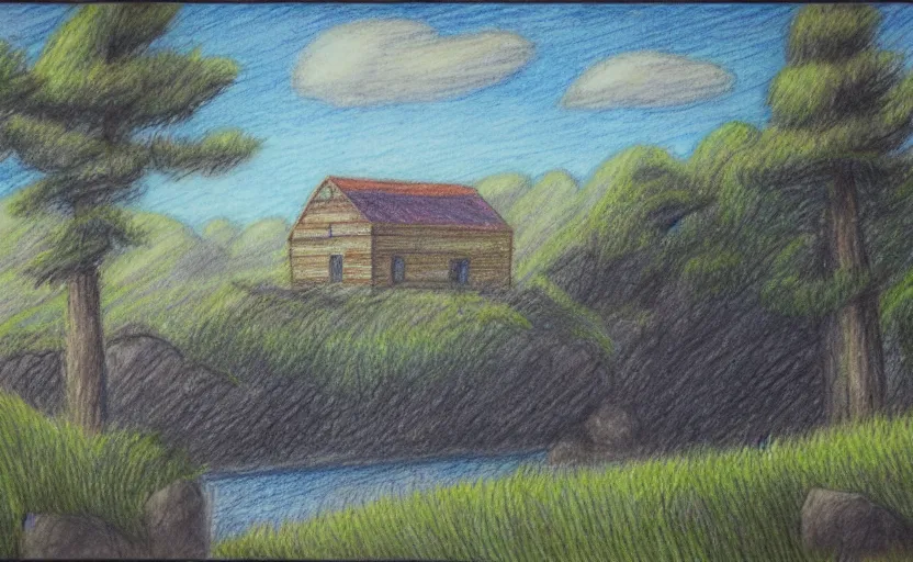 Prompt: a color pencil sketch of a serene landscape with a singular building near a river, cute, natural lighting, high quality, highly detailed, drawing, realistic, godrays, complementary colors, beautiful, concept art