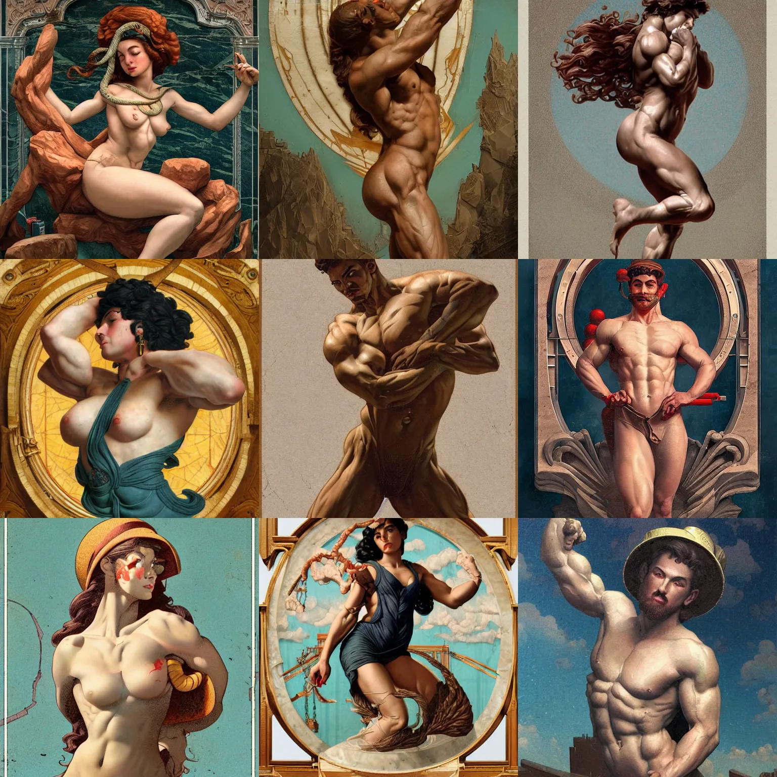 Prompt: a muscular artist sculptures himself out of a cubic block of marble, intricate, highly detailed, digital matte painting, in the style of alexandros pyromallis, and in the style of sachin teng, and in the style of hans thoma, and in the style of gil elvgren. irony, recursion, inspiration, art nouveau.