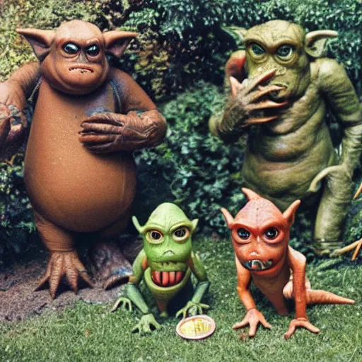 Image similar to autochrome photo of vintage disgusting brown Boglins, plastic goblin monster toys in a backyard garden, kaiju, oni, realistic