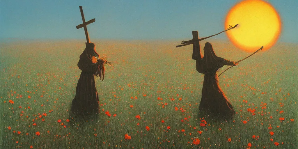 Image similar to a witch with a pumpkin head burning on a cross at sunset casting shadows across a field of flowers, beksinski, dariusz zawadzki