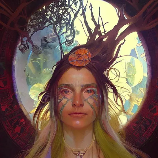 Image similar to an acrylic on canvas portrait of Me but way cooler Shaman Lightworker Alchemist Druid, Mystery, Love, wholeness, rooted lineage, web of life, open eye freedom by Greg Rutkowski, Artgerm and Alphonse Mucha. Epic fantasy art.