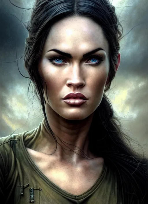 Prompt: closeup portrait shot of megan fox swat team soldier in a scenic dystopian environment, intricate, elegant, highly detailed, centered, digital painting, artstation, concept art, smooth, sharp focus, illustration, artgerm, tomasz alen kopera, peter mohrbacher, donato giancola, joseph christian leyendecker, wlop, boris vallejo