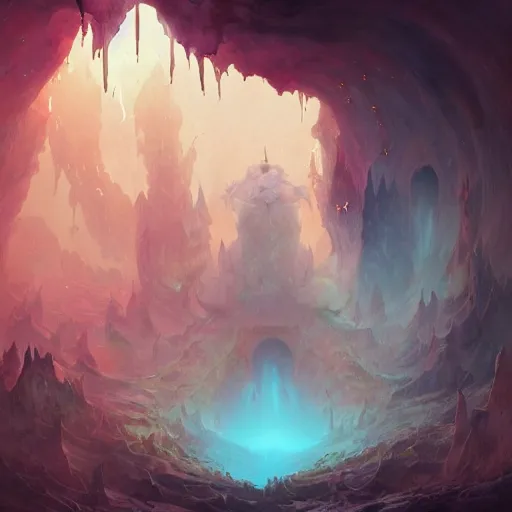 Image similar to deep in a large open cavern in a crystal cave there is a gigantic demonic portal to hell, artwork by Peter mohrbacher and beeple