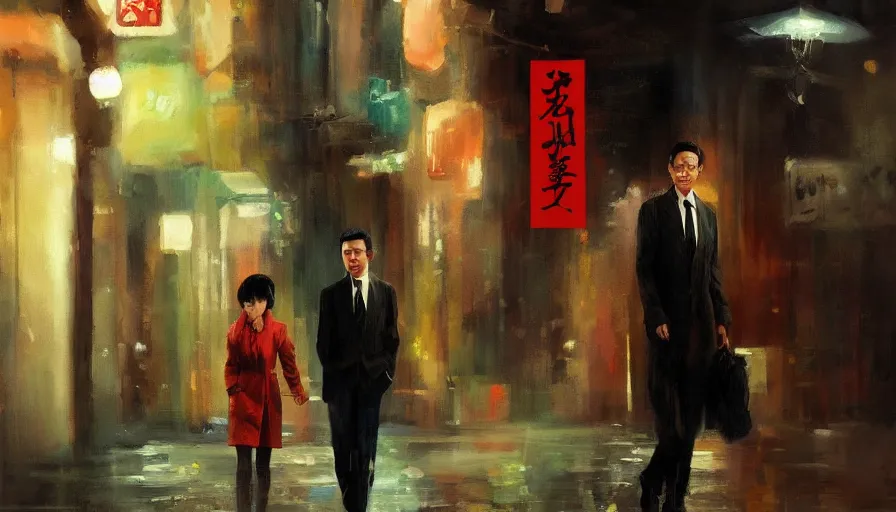 Image similar to in the mood for love, cinematic shot, oil painting by jama jurabaev, extremely detailed, brush hard, artstation, for aaa game, high quality, brush stroke