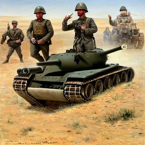 Image similar to George H.W. Bush rides in a tank leading his army against Iraq, oil on canvas, 1883