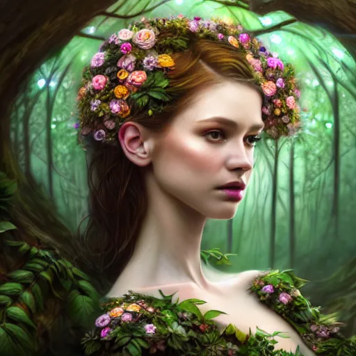 Image similar to a picture of a beautiful woman clothed in flowers and leaves standing in an enchanted forest, high fantasy, elegant, epic, detailed, intricate, digital painting, concept art, realistic detailed face, smooth, focus, rim light, detailed 8 5 mm f / 1. 4, anamorphic lens,