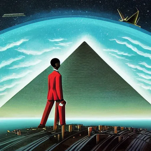 Image similar to a young thoughtful black man in a designer suit making a fingers tented gesture, on cosmic cloudscape with flying pyramids in the background, italian futurism, Dan Mumford, da vinci, Josan Gonzalez