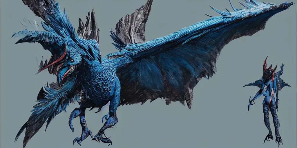 Image similar to Draconian dark reflective blue owl creature, character design sheet, Monster Hunter Illustrations art book, sharp and scaly feathers, huge wings, thick and strong legs, huge and sharp claws, red beak, Moebius, Greg Rutkowski, Zabrocki, Karlkka, Jayison Devadas, Phuoc Quan, trending on Artstation, 8K, ultra wide angle, zenith view, pincushion lens effect.