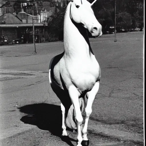 Prompt: a real life unicorn accidentally caught on camera in the 1 9 6 0 s, black and white, vintage