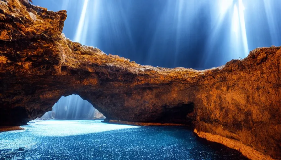 Prompt: Blue cave during the day ,god rays, incredible lighting, 4k photography award winning,