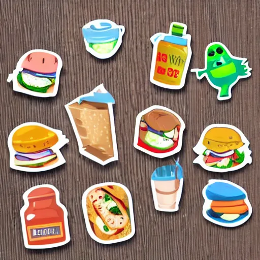 Prompt: a whatsapp stickers pack of lunch time, cartoon