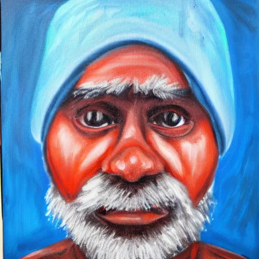 Prompt: gritty portrait of a human-like papa smurf, wooden background, oil canvas