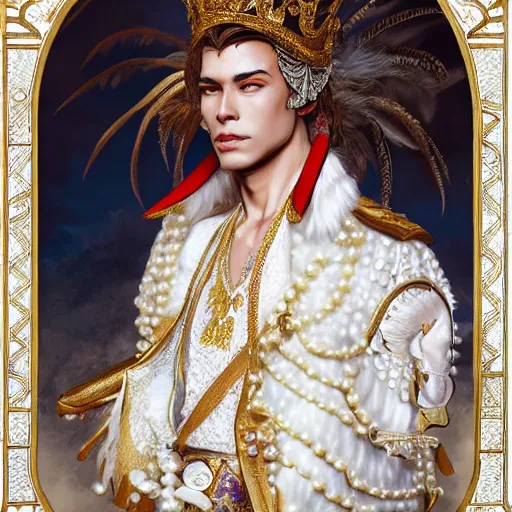 Prompt: a realistic transmasculine king with decorated clothes made of white pearls and white plumes of swan, highly detailed, digital painting, Trending on artstation , HD quality, by artgerm and greg rutkowski and alphonse mucha, dramatic light, octane