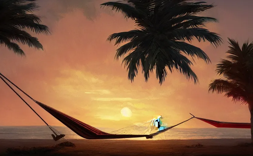 Image similar to painting of a hammock at sunset with tropical palm trees, natural light, concept art, by greg rutkowski, cozy atmospheric and cinematic lighting