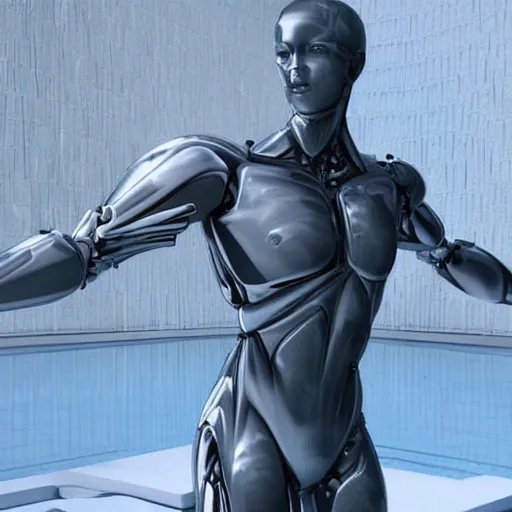 Image similar to made of ice, a realistic detailed photo of a guy who is an attractive humanoid who is half robot and half humanoid, who is a male android, on display, blank stare, showing off his muscles, shiny skin, posing like a statue, by the pool, frozen ice statue, twitch streamer / gamer ludwig, humanoid robot