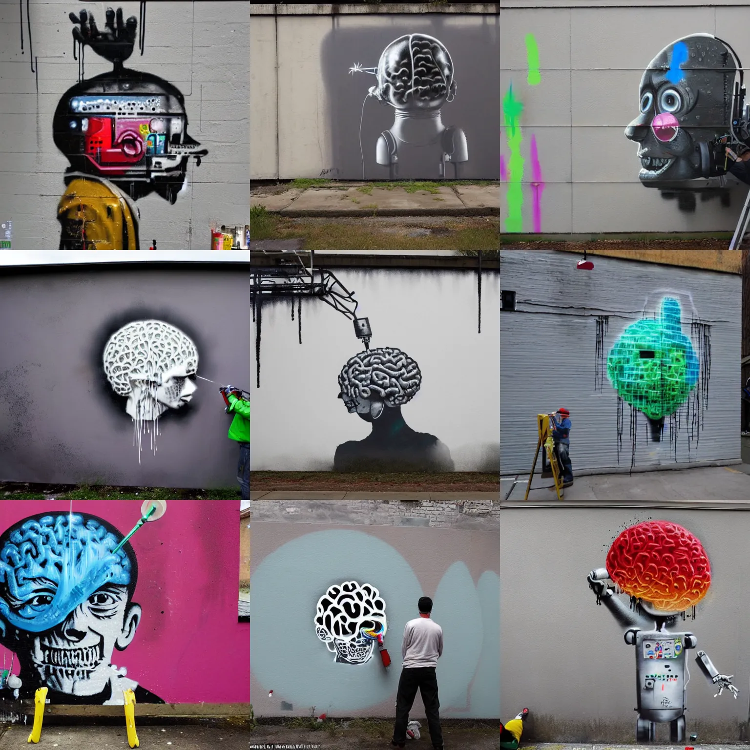 Prompt: Spray painting on a wall of a robot making a painting of a human brain, dripping paint, by Banksy