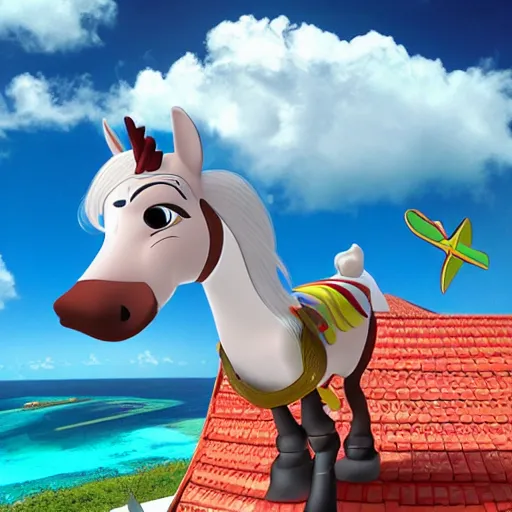 Image similar to a cartoon horse got on top of the roof of a plane, and flies it to the maldives, the islands, style of cartoon, disney studio,