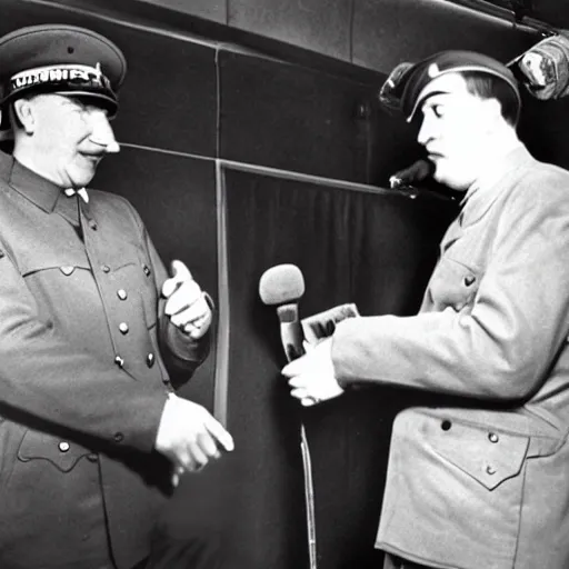 Prompt: nardwuar interviewing hitler