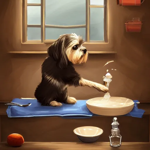 Image similar to a dog washing dishes, elegant, intricate, highly detailed, digital painting, artstation, concept art, sharp focus, illustration, 8 k