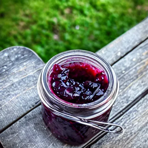 Prompt: a jar of blueberry jam on a table outside, bright daylight, depth of field