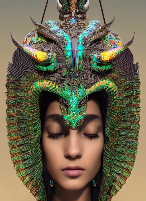 Image similar to 3 d goddess close - up profile portrait. beautiful intricate highly detailed mexican magpie helm and traditional mexican huipil! quetzalcoatl, stingray, bio luminescent, plasma, lava, ice, water, wind, stormy, creature, artwork by tooth wu and wlop and annie leibovitz, octane 3 d render