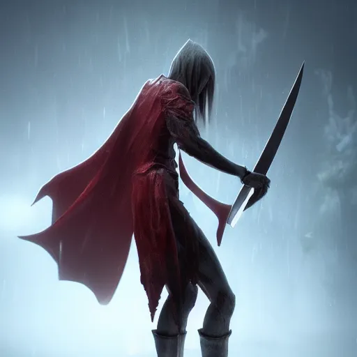 Image similar to vampire holding powerful blood sword after a battle foggy rainy realistic award winning, trending on artstation, unreal engine