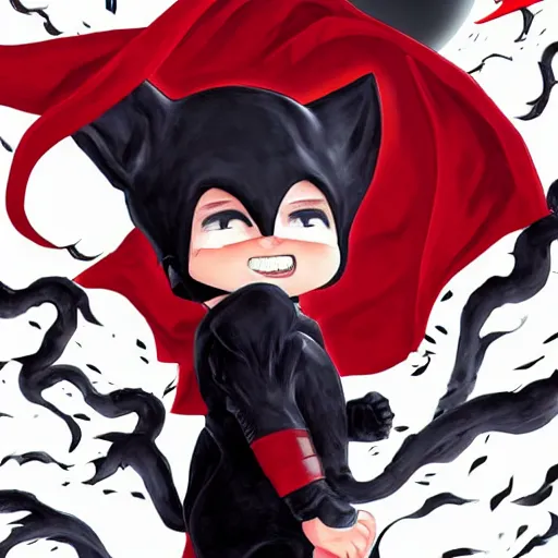 Image similar to little boy with cat ears in an black latex suit with red cape. digital artwork made by lois van baarle and kentaro miura, sharpness focus, inspired by hirohiko araki, anatomically correct, heroic composition, hero pose, dark city