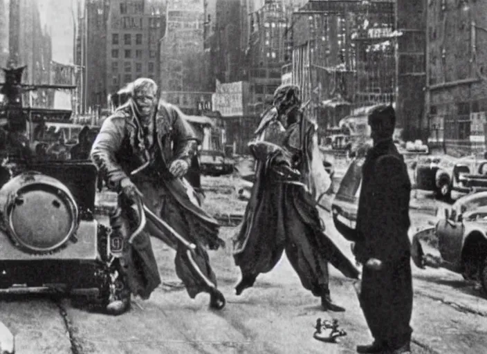 Image similar to scene from the 1 9 1 1 science fiction film escape from new york