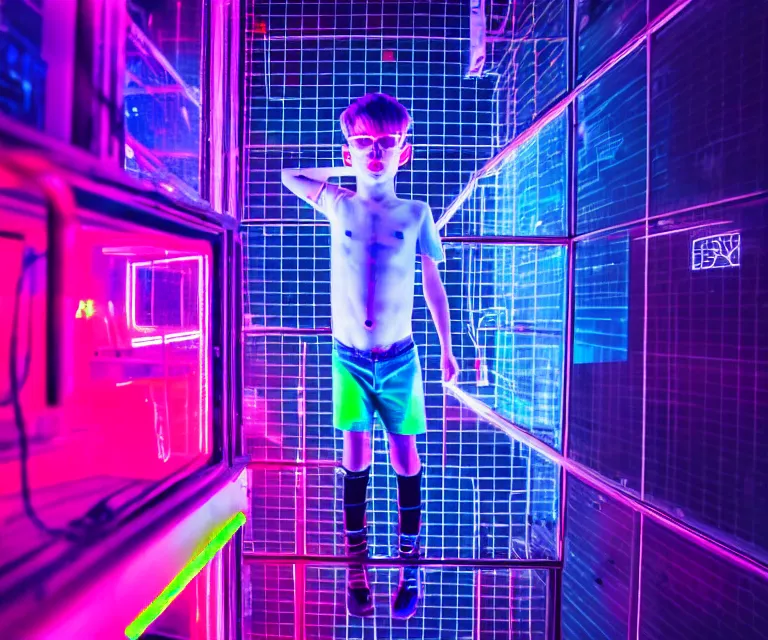 Prompt: aerial photo, long shot, of a boy confined in a glass box middle of a cyber city, neon lighting, mist