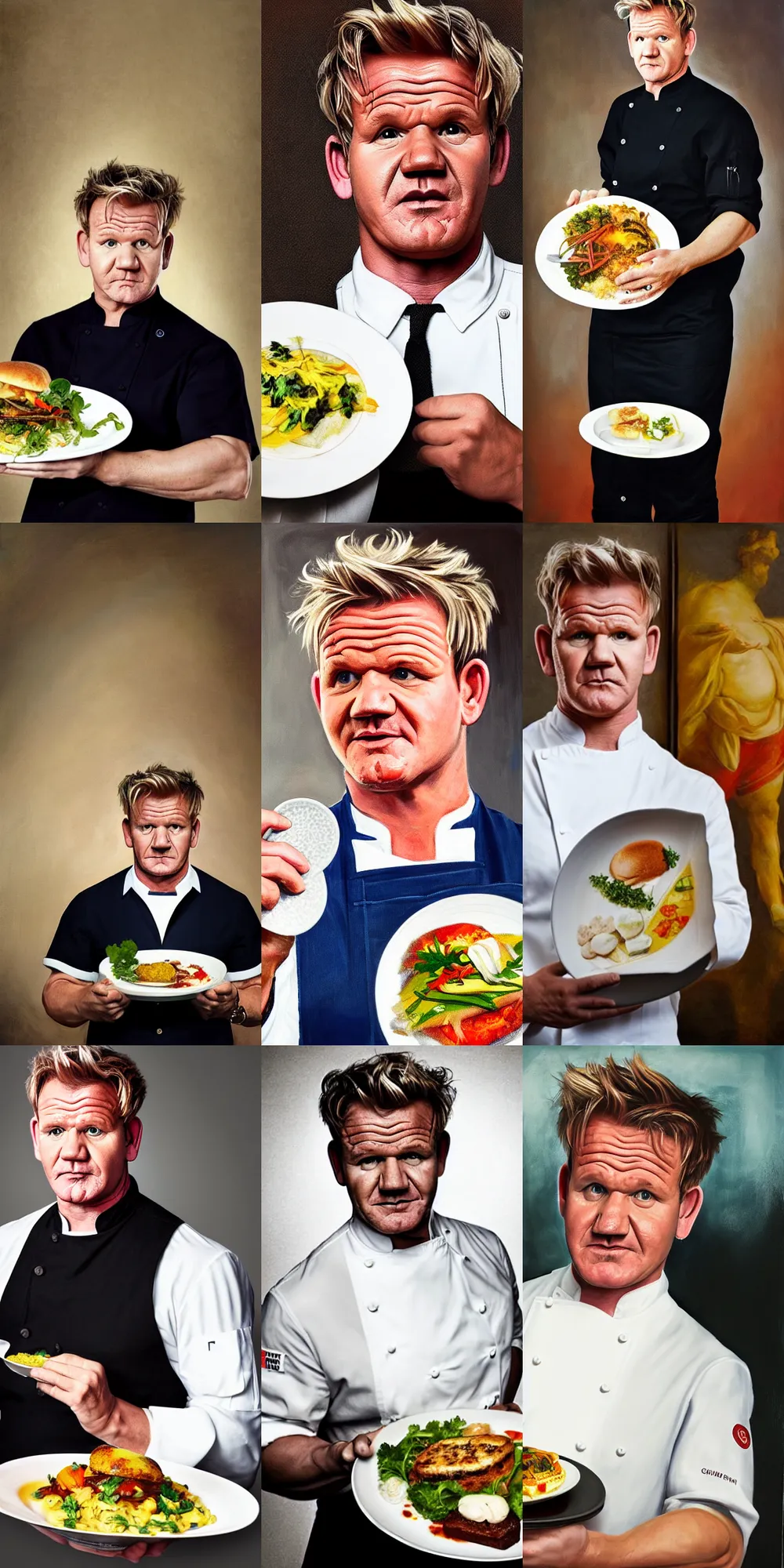 Prompt: A medium shot portrait of Gordon Ramsay wearing a chef uniform holding a plate of food, oil on canvas, classicism style