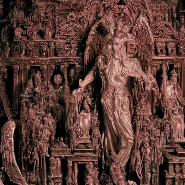 Prompt: temple made of flesh, blood temple, angel statues, 8 0's horror movie film still, highly detailed, award - winning photography, 1 2 0 mm