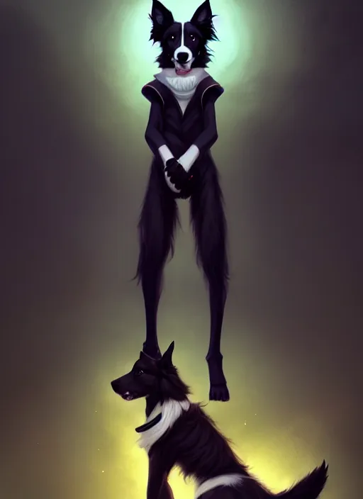 Image similar to wide angle beautiful full body portrait of a cute male anthropomorphic anthro border collie fursona wearing a tracksuit in a dark city, character design by charlie bowater, henry asencio, and ross tran, furry art, furaffinity, beautiful, glamor pose, detailed, aesthetic, trending on artstation