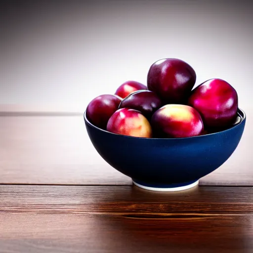 Image similar to photo of a thick porcelain bowl filled with a few moist freshly picked plums on a wooden table. volumetric lighting. 4 k. small scale. realistic.