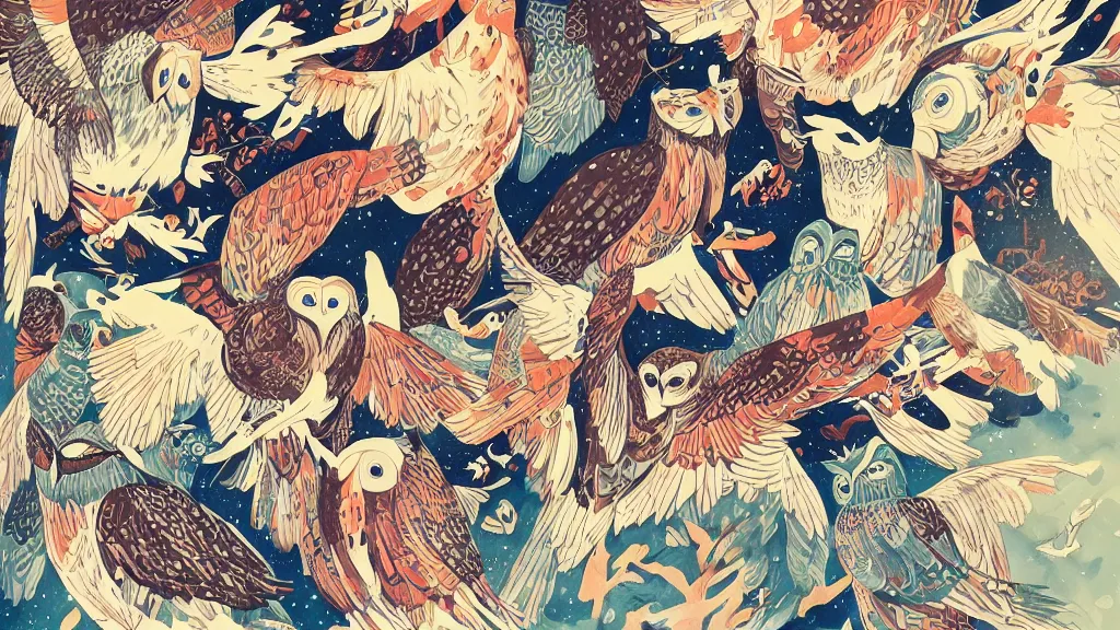 Image similar to ilya kuvshinov, mcbess, rutkowski, victo ngai, james jean, watercolor illustration of owls flying at night, colorful, mural, deep shadows, astrophotography, highly detailed