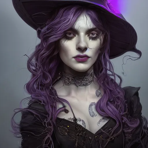 Image similar to an insanely detailed close up portrait of a beautiful witch with haunting purple eyes, she stands in an smoky alchemy lab, long purple hair, tightly fitting black ornate dress and black witch hat, in the style of peter mohrbacher, artgerm, dramatic lighting and composition, octane render, trending on artstation, concept art 8 k