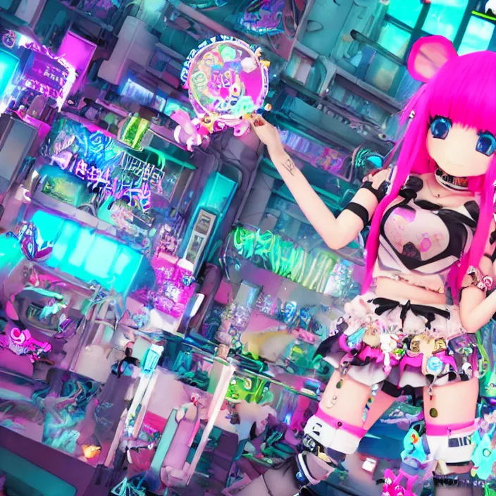 Image similar to 3 d anime render of a decora gyaru kawaii cybergoth emo fashion model vtuber, in a cyberpunk blade runner maximalist city of my melody sanrio plushies, artstation cgsociety