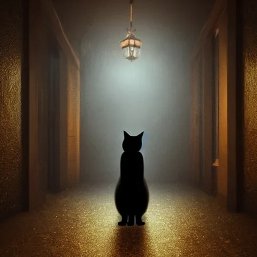 Image similar to a full-body shot of a black void cat with golden glowing eyes at the end of a scary hallway, fairytale, nightmare, hauntingly beautiful, elegant, super detailed, Octane render, reflections