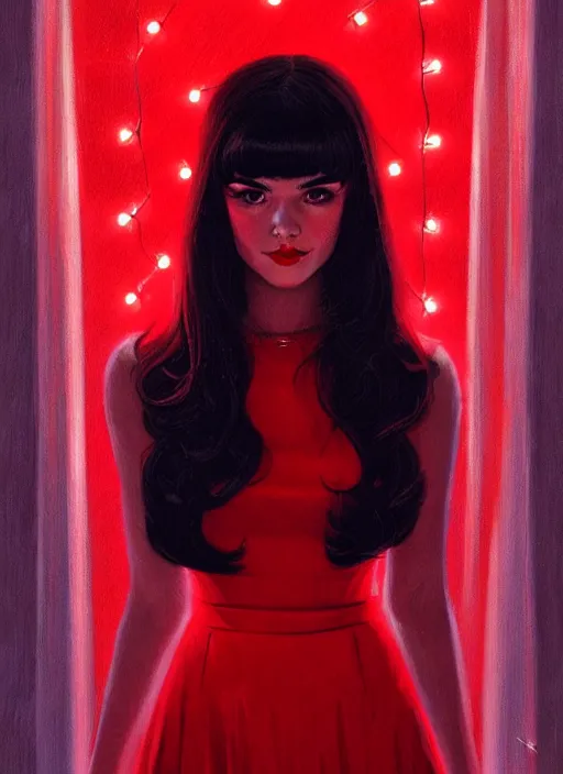 Image similar to portrait of veronica lodge with bangs, 1 9 6 0 s, long hair, red clothes, bangs, intricate, elegant, glowing lights, highly detailed, digital painting, artstation, concept art, smooth, sharp focus, illustration, art by wlop, mars ravelo and greg rutkowski