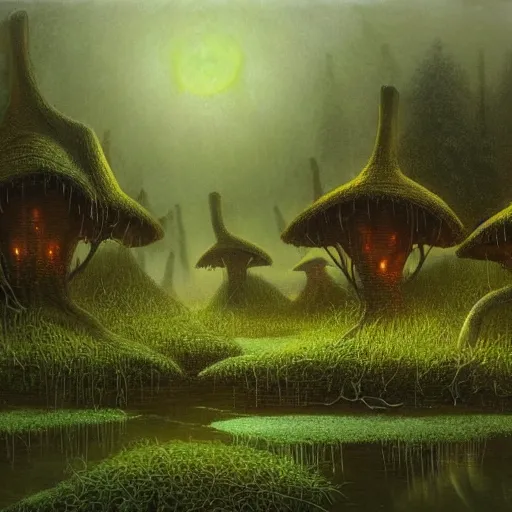 Image similar to a deep forest mushroom village, shrouded in greenish mist. on the edge of a pond that is shimmering in the moonlight, mystical landscape by John Howe