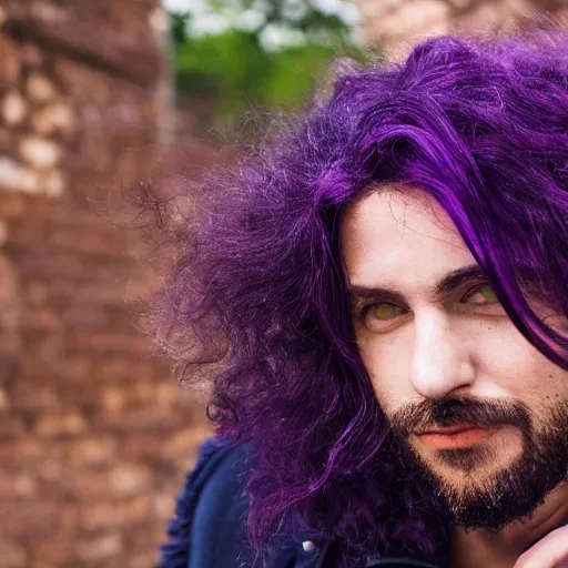 Prompt: a portrait of a queer man with purple hair, 4k, photorealistic, shallow depth of field