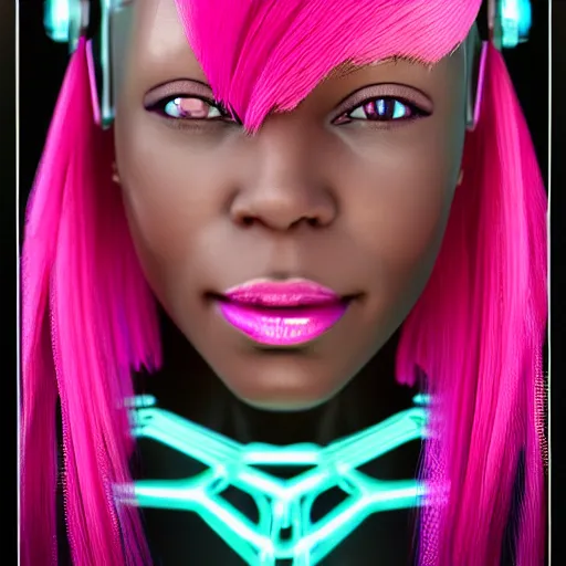 Image similar to portrait of a beautiful caribbean woman with pink hair as a cyberpunk cyborg half robot, revealing wires and electronics, circuit boards, wire management, sci - fi, missing panels, intricate abstract upper body intricate artwork, concept art, octane render, deviantart, cinematic, key art, hyperrealism, iridescent accents, portrait photograph, nikon 3 5 mm, photograph by greg rutkowski