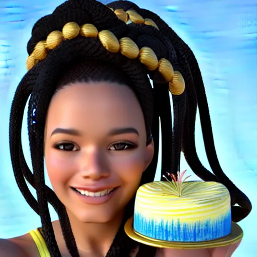 Prompt: Render of a beautiful 3d woman holding a birthday cake to show the camera, hair braided into Inuit hair loops, Inuit heritage, golden skin tone, blue eyes, blue tunic, full round face, proud smile, golden hour, serene beach setting, medium shot, mid-shot, hyperdetailed, trending on Artstation, Unreal Engine 4k