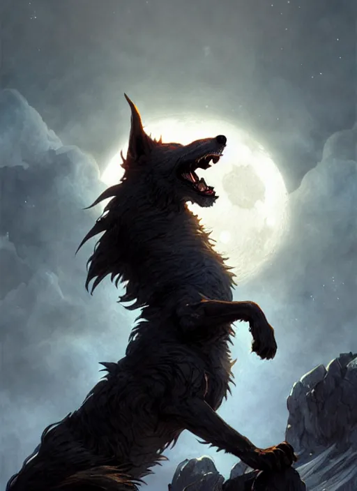 Image similar to Fenrir howling at the moon, Nordic landscape, fantasy magic, dark light night, sharp focus, digital painting, concept art, d&d, art by WLOP and Artgerm and Greg Rutkowski and Alphonse Mucha