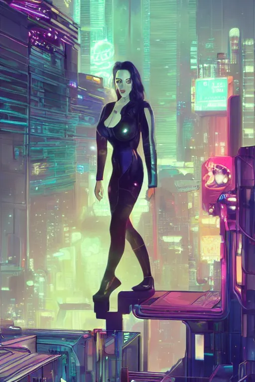 Image similar to portrait futuristic Kat Dennings, in future cyberpunk tokyo rooftop , sci-fi, fantasy, intricate, very very beautiful, elegant, neon light, highly detailed, digital painting, artstation, concept art, smooth, sharp focus, illustration, art by tian zi and WLOP and alphonse mucha