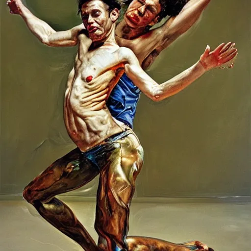 Image similar to high quality high detail painting by lucian freud and jenny saville, hd, dancing, turquoise