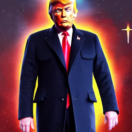 Image similar to portrait of donald trump wearing a starfleet captain's outfit, star trek uniform, dressed like picard, matte painting, extreme detail, trending on artstation, by isaac levitan and asher brown durand,