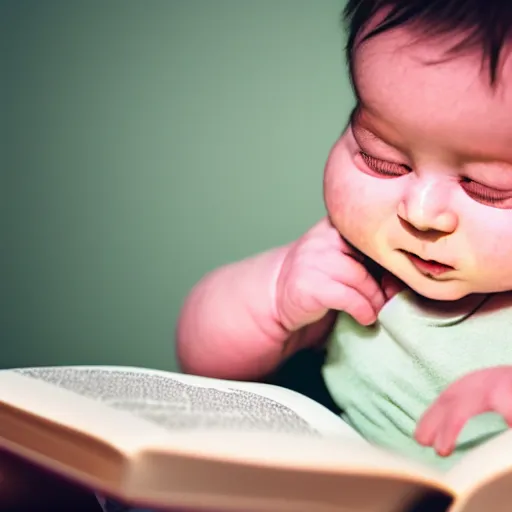 Image similar to baby with a beard crying reading a book