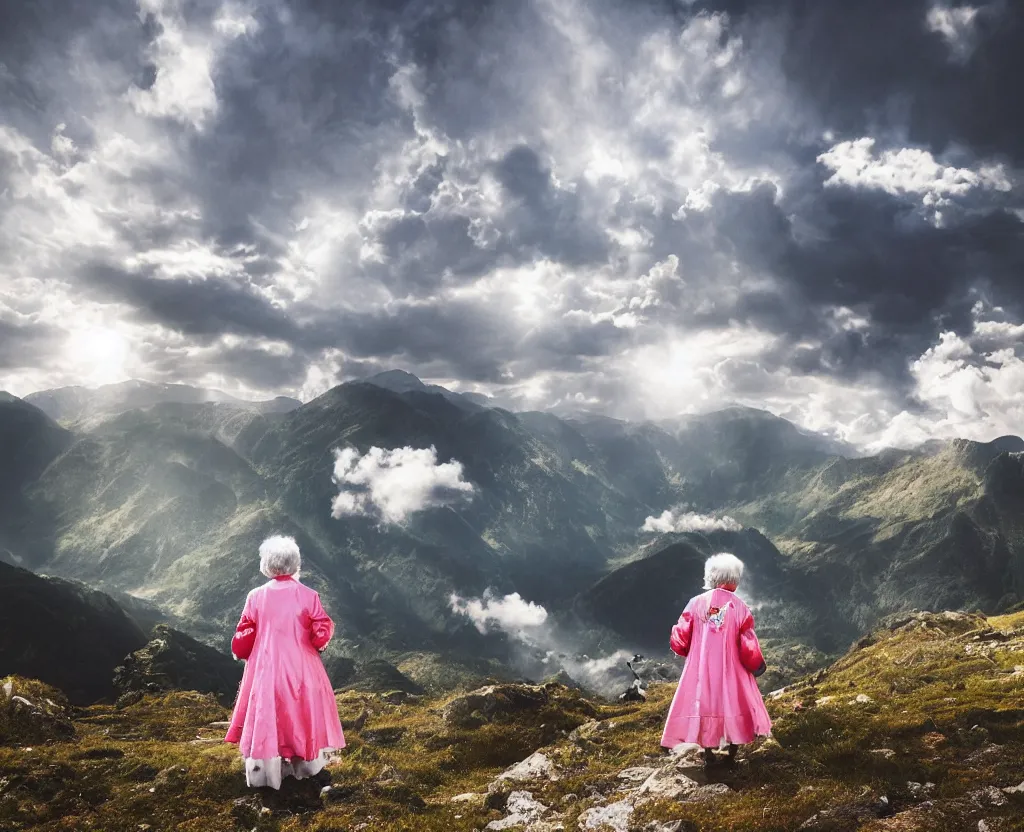 Image similar to a grandma wearing sailor moon costume wandering trough the mountains looking at the clouds very detailed focused photography cinematic lighting by martin parr